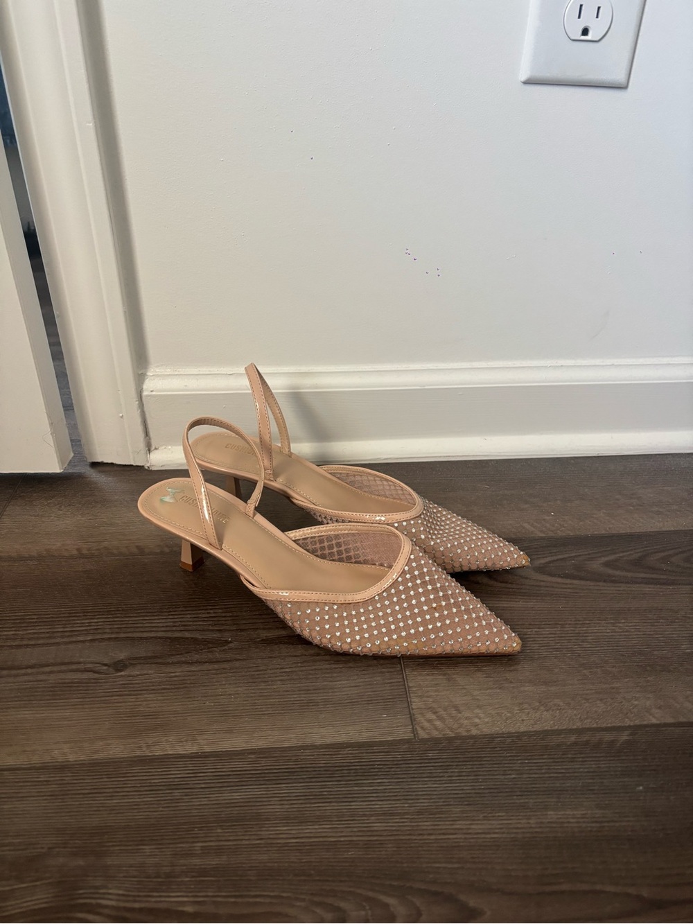 Pointed Slingback Kitten Heels in Nude with Crystal Accents